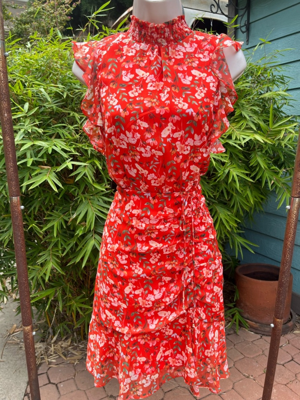 Sam Edelman Red Floral Midi Dress with Ruffle Sleeves